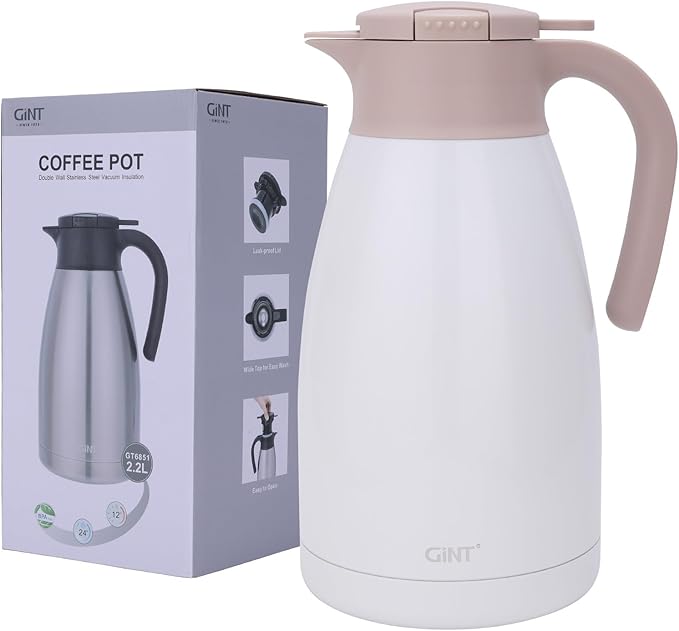 GiNT 2.2L / 74Oz Thermal Coffee Carafe, Insulated Stainless Steel Coffee Carafes for Keeping Hot/Double Walled Vacuum Thermal Carafe (White)