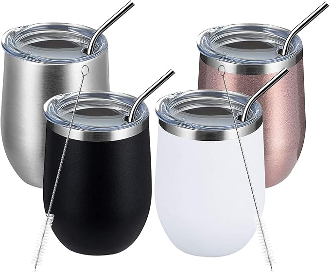 MEWAY 12oz Wine Tumbler Mix Color 4 Pack Bulk Gifts for Women, Vacuum Stainless Steel Travel Mug with Lid,Insulated Stemless Wine Cup Glass for Coffee,Cocktails,Drinks(Mix,Set of 4)
