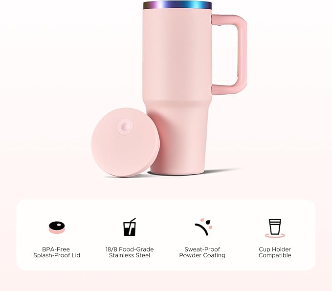OMTech 40 oz. Tumblers with Handle & Lid, 12 Pack Tumbler Bulk with Double Wall Vacuum Insulation, Food-Grade Stainless Steel Insulated Coffee Mug, Sweatproof Travel Mug for Hot Cold Drinks, Pink