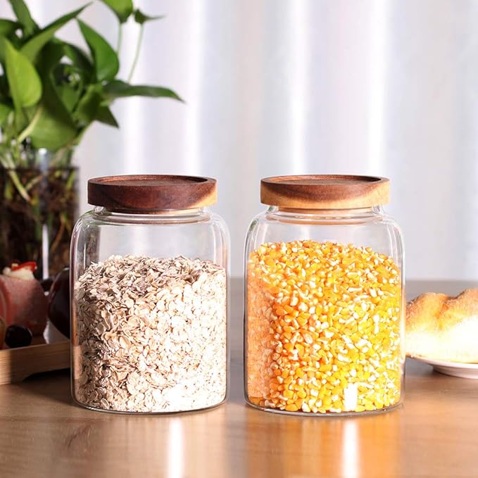 Glass Storage Jars with Airtight Lids, Set of 2 42 FL OZ (1250ml) coffee container with Wooden Lid, Glass Pantry Canister for Beans, Rice, Sugar and etc (6.3 inch high)