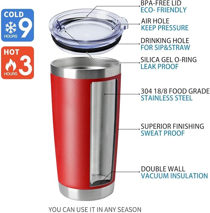 HASLE OUTFITTERS 20oz Tumblers Stainless Steel Mugs with Lid Double Wall Vacuum Insulated Coffee Cups for Cold & Hot Drinks (20oz-Red, 4 Pack)
