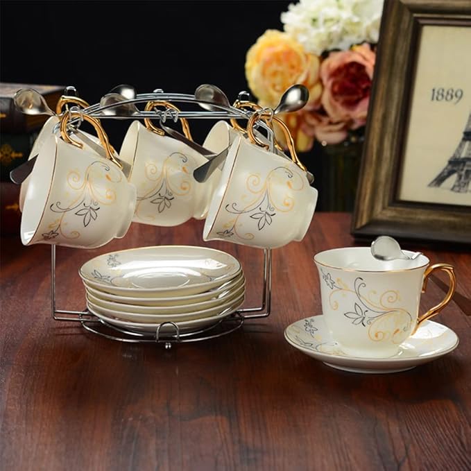 YY YEARCHY Coffee Mug Holder, Espresso Cups Holder Cup Drying Rack Cups Drainer Stand Metal Mug Tree Cups Organizer with 6 Hook Hangers for Kitchen Counter and Tea Party(7.48 * 8.27", Sliver)