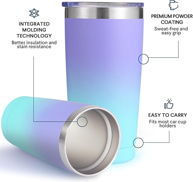 Volhoply 20oz Stainless Steel Tumbler with Lid and Straw Bulk 4 Pack,Double Wall Insulated Travel Iced Coffee Mug Fits Cup holder,Powder Coated Cups for Cold Drinks,Gifts for Women（Purple Bule,4 Set）