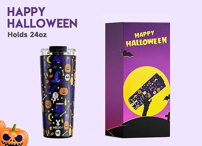 Meoky 24 oz Halloween Travel Coffee Mug with Leak-proof Lid, Glow in the Dark Stainless Steel Insulated Coffee Tumbler, Keeps Hot for 8 Hours, Fits in Car Cup Holder(Haunted Pumpkin)