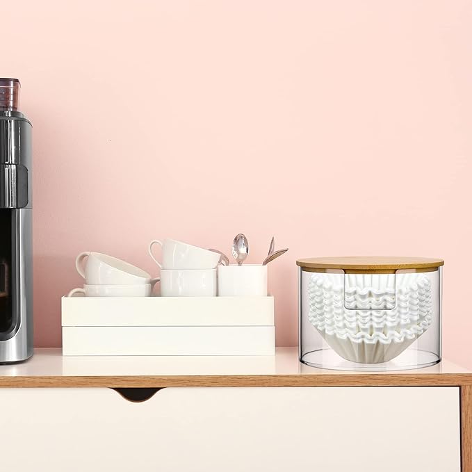 Qunclay Acrylic Coffee Filter Holder Reusable Clear Coffee Filter Storage Container Dispenser with Bamboo Lid for Counter Kitchen Accessories(Classic Style)