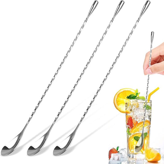 3 PCS Bar Spoon, 12 Inches Cocktail Mixing Spoons, Spiral Pattern Stainless Steel Cocktail Stirrers for Home or Bar Cocktail, Drinks, Coffee, Ice Cream, Sundae (Silver)