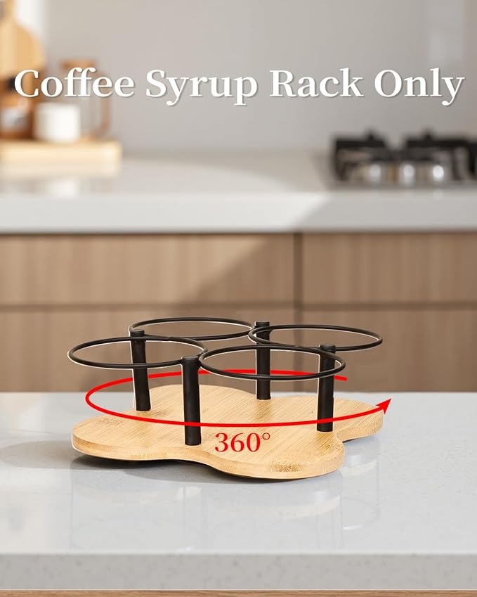 Rotating Coffee Syrup Organizer, Syrup Bottle Holder for Coffee Syrup Dispenser 16.9oz, Bamboo Coffee Syrup Rack for Coffee Bar Station Countertop, Coffee Bar Accessories(Syrup Rack Only)
