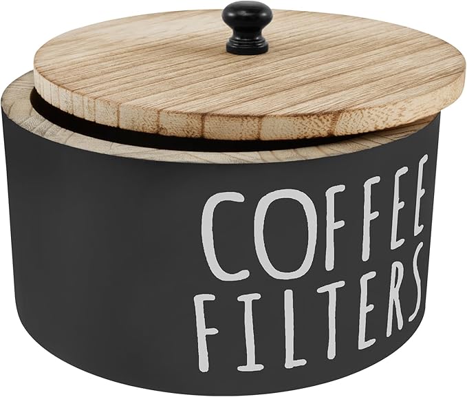 Coffee Filter Holder, Wooden Large Capacity Rustic Coffee Filter Storage Case Dispenser with Bamboo Lid, Round Organizer Basket Container Storage for Pod and Filter, Coffee Bar Accessories