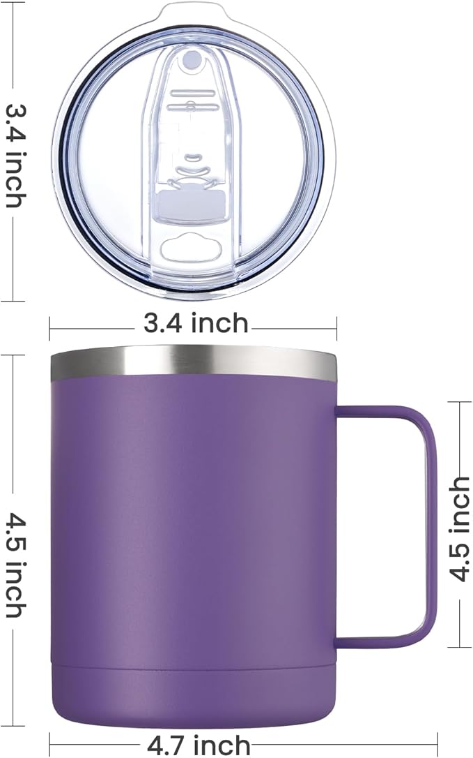 MEWAY 12oz Coffee Mug With Handle 2 Pack Bulk,Stainless Steel Insulated Travel Tumblers With Sliding Lid,Double Wall Vacuum Camping Cup for Hot & Cold Drinks Tea (Purple,Set of 2)