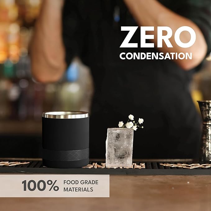 Elemental Recess Lowball Tumbler, 10oz Triple Wall Stainless Steel Cup with Non-Shattered Tritan Lid, Insulated Whiskey Glass, Insulated Coffee Tumbler Mug for Hot & Cold Drinks - Black