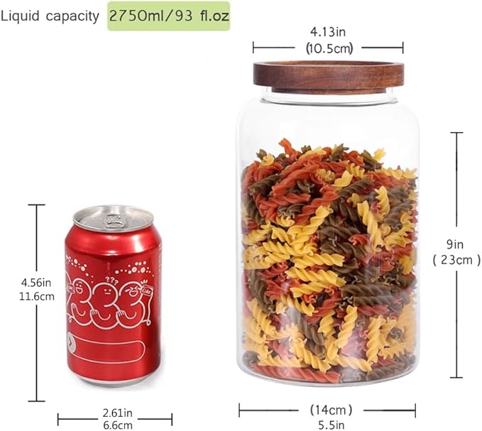 Large Glass Food Canisters, 93 FL OZ(2750ml) Kitchen Serving Stoarge Container with Airtight Wooden Lids, Cereal Dispenser Jars for Spaghetti Pasta, Powder, Spice, Tea, Coffee(8.8inch high)