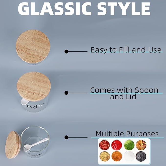 Clear Glass Sugar Bowl with Spoon and Silicone Sealing Lid, Farmhouse Kitchen Countertop Canisters, Container Jar Dispenser Holder for Kitchen,12 oz