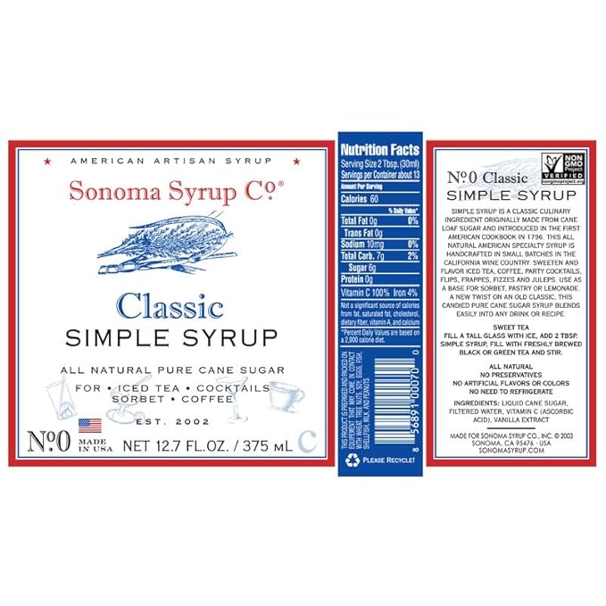 Sonoma Syrup Co. Classic Simple Syrup 12.7 fl oz | for Coffee, Cocktails, and Cooking | Hand Crafted in the USA