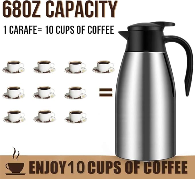 68oz Coffee Carafe Airpot Insulated Coffee Urn Stainless Steel Vacuum Thermal Pot Flask for Coffee, Hot Water, Tea, Hot Beverage - Keep 12 Hours Hot, 24 Hours Cold