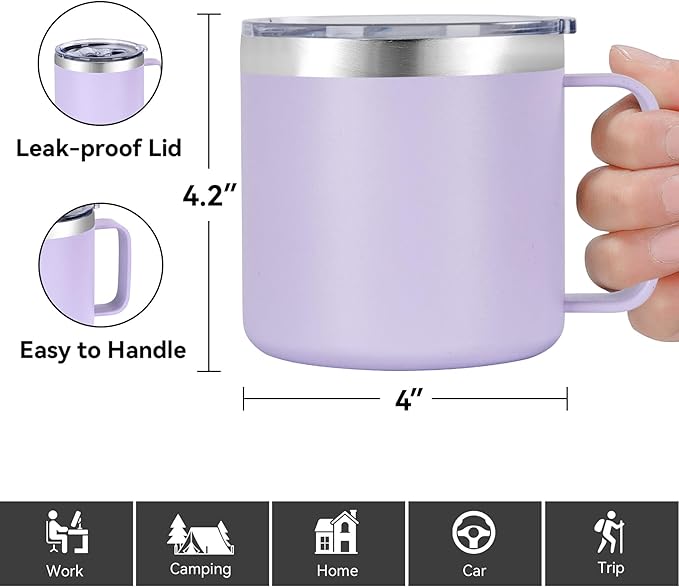 VEGOND 14 oz Insulated Coffee Mug Bulk with Handle, Stainless Steel Travel Coffee Mug with Lid, Double Wall Vacuum Metal Coffee Cup, Coffee Tumbler Powder Coated, Purple 4 Pack