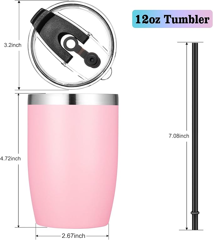 VEGOND Stainless Steel 12 oz Tumblers bulk Vacuum Insulated Double Wall Travel Tumbler with Lid and Straw Reusable Tumbler, Pink 1 Pack