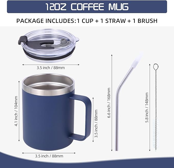 Volhoply 12oz Insulated Leakproof Coffee Mug with Flip & Straw Lid Bulk 4 Pack,Double Wall Vacuum Stainless Steel Travel Tumbler Cup with Handle,Camping Mugs Keep Cold/Hot(Navy,4 Set)