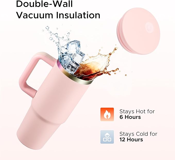 OMTech 30 oz. Tumblers with Handle & Lid, 12 Pack Tumbler Bulk with Double Wall Vacuum Insulation, Food-Grade Stainless Steel Insulated Coffee Mug, Sweatproof Travel Mug for Hot Cold Drinks, Pink