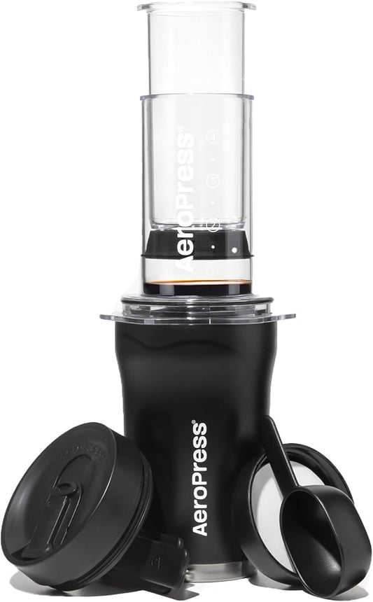 AeroPress Go Plus, Small Portable Coffee Maker Kit, Travel, Camping & Office, All-in-One French Press, Pour-Over & Espresso Style Manual Brewer, 2 Min Brew for Less Bitterness, More Flavor, Black