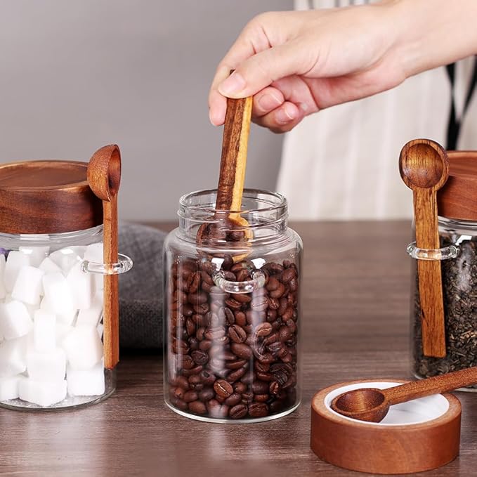 SAIOOL Loose Leaf Tea Storage Canister Set, 4 Pieces 16 OZ Glass Tea Containers with Wooden Lids and Spoons for Loose Tea, Coffee, Sugar, Oatmeal, Herbs (Tea Canisters)