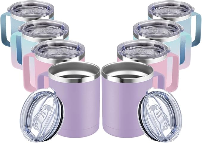 MEWAY 12oz Coffee Mug With Handle 2 Pack Bulk,Stainless Steel Insulated Travel Tumblers With Sliding Lid,Double Wall Vacuum Camping Cup for Hot & Cold Drinks Tea (Bubble Gum&Blue Waves,Set of 8)
