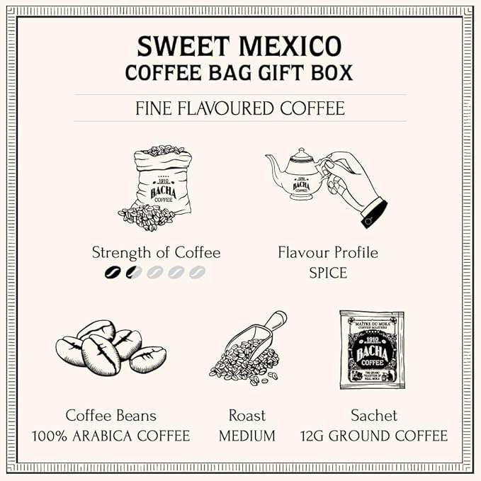 Bacha Coffee | Sweet Mexico Fine Flavoured, 100% Arabica Specialty Coffee Beans, Medium Roast, x12 Individually Wrapped Single Serve Filter Bags