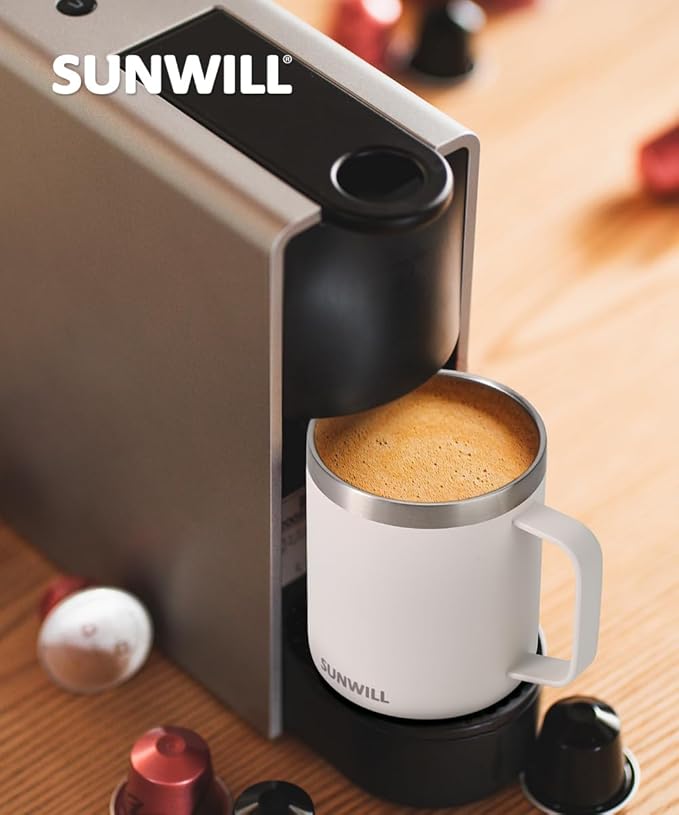 SUNWILL Travel Coffee Mug with Lid, Insulated Tumbler with Handle, 14 oz Stainless Steel Cup for Home, Office, Camping, Powder Coated Cream