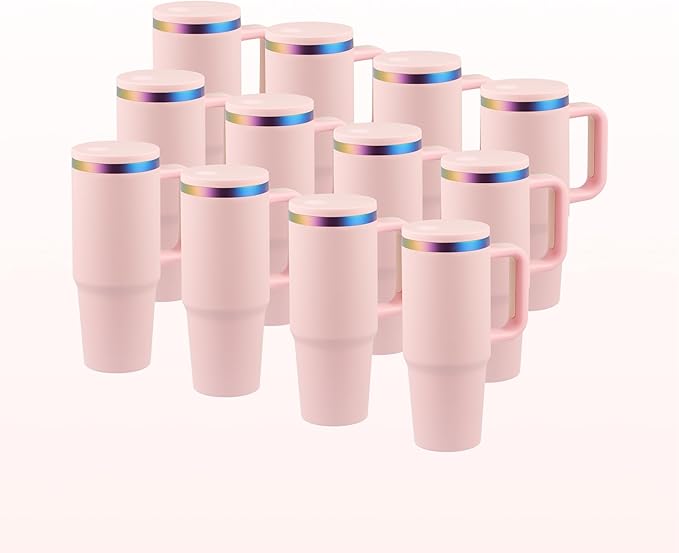OMTech 30 oz. Tumblers with Handle & Lid, 12 Pack Tumbler Bulk with Double Wall Vacuum Insulation, Food-Grade Stainless Steel Insulated Coffee Mug, Sweatproof Travel Mug for Hot Cold Drinks, Pink