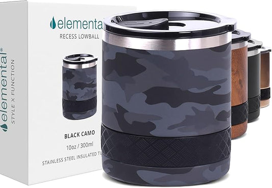 Elemental Recess Lowball Tumbler, 10oz Triple Wall Stainless Steel Cup with Non-Shattered Tritan Lid, Insulated Whiskey Glass, Insulated Coffee Tumbler Mug for Hot & Cold Drinks - Black Camo