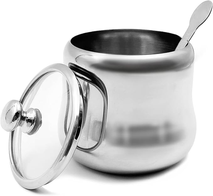 300ml Stainless Steel Sugar Bowl with Lid and Spoon 10 OZ Coffee Seasoning Jar Condiment Pot Spice Container Canister Cruet with Lid and Spoon (Style B)