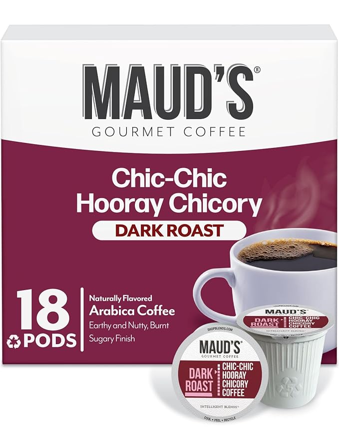 Maud's Chicory Flavored Coffee Pods, 18 ct, Dark Roast Flavored Coffee in Recyclable Single Serve Pods – 100% Arabica Beans, Compatible with Keurig K Cups Maker