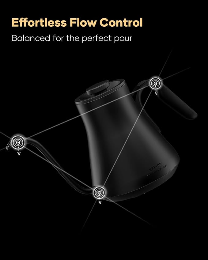 Cocinare FLOW B9 Gooseneck Electric Kettle, Precise Temperature Control for Pour-Over Coffee & Tea Brewing, Stainless Steel Interior, Rapid Heating for Boiling Water, 1500W/0.9L Matte Black