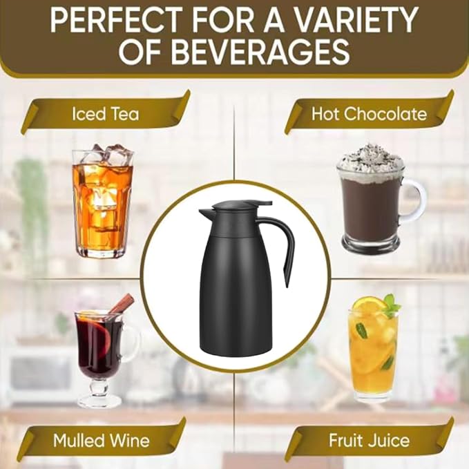 Thermal Coffee Carafe 70 oz / 2L Insulated Stainless Steel, Coffee Carafes Double Walled Vacuum Pot Flask - Hot Beverage Dispenser/Water, Tea - Keep 12/24 Hours Hot/Cold (Black)
