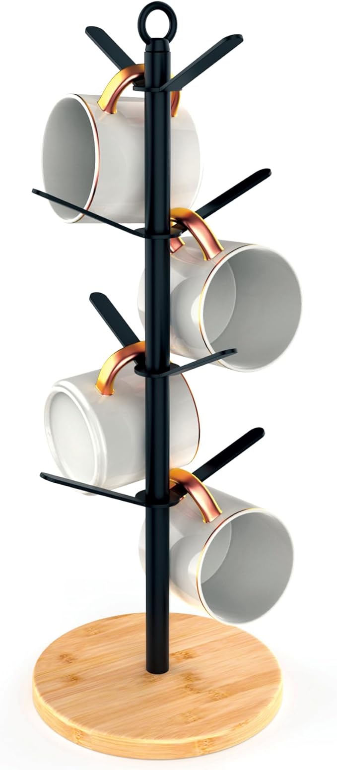 simesove Coffee Mug Holder, Non-Slip Cup Tree with 8 Hooks, Wood Stand Organizer for Counter, Bar and Kitchen Home Decor (Natural)