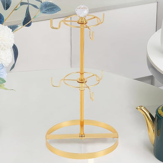 Coffee Mug Tree Holder for Counter,Double Tier Mug TeaCup Metal Holders Countertop,Golden Coffee Mug Tea Cup Stand Rack for Counter Top 6 Hooks(Gold,Crystal Ball)