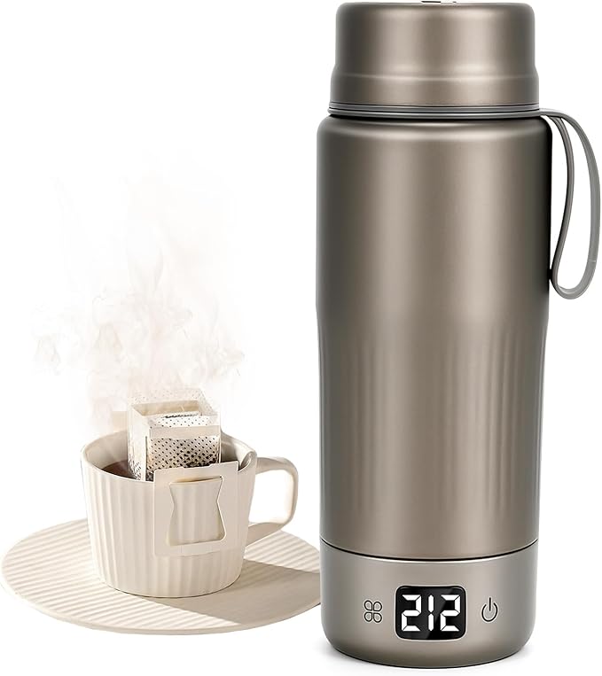 Pure Titanium Travel Kettle,Dual Voltage Portable Electric Kettle 110V-240V Smart Small Water Boiler for Tea & Coffee,12 Temperature Control,Auto Shut Off & Boil Dry Protection (Gray,380ML)