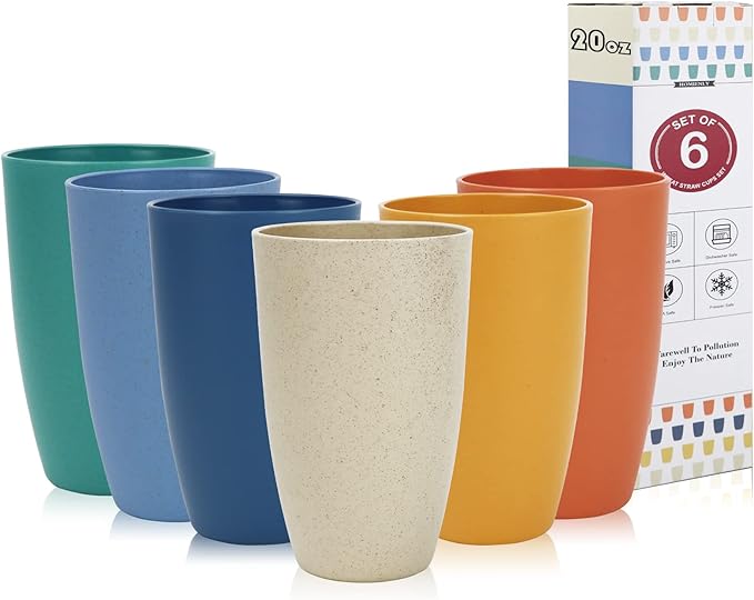 Homienly Wheat Straw Cups Alternative to Plastic Cups - Set of 6 Unbreakable Drinking Cup Reusable Dishwasher Safe Water Glasses Cups for Kitchen Tumblers Kitchen Essentials(20 OZ)