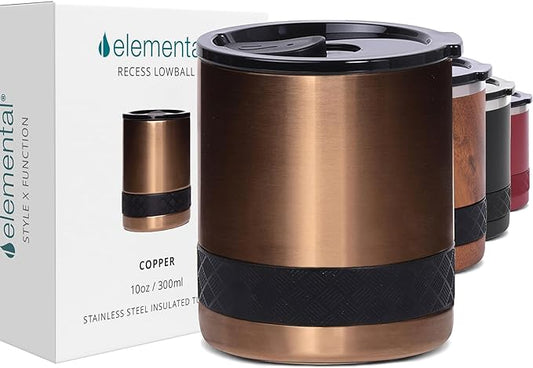 Elemental Recess Lowball Tumbler, 10oz Triple Wall Stainless Steel Cup with Non-Shattered Tritan Lid, Insulated Whiskey Glass, Insulated Coffee Tumbler Mug for Hot & Cold Drinks - Copper