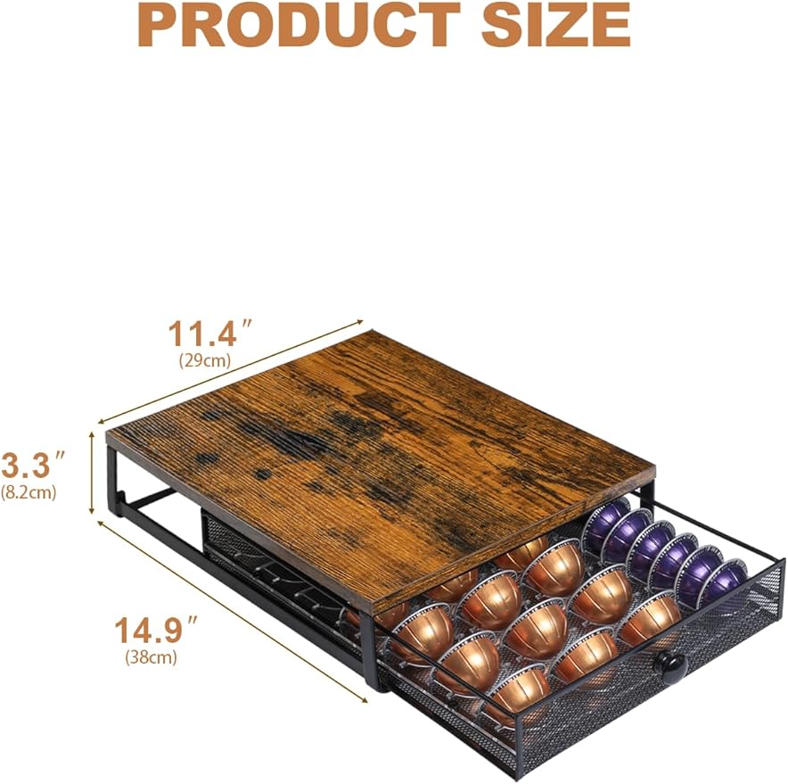 Coffee Pod Holder Drawer Organizer Vertuo Capsules Storage Organizer with Sliding Drawer Compatible For Nespresso Vertuo Pods, Holds up to 54 Small or 28 Big Vertuo Pods Rustic Brown