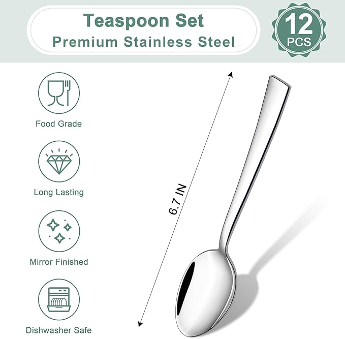 TeamFar Teaspoon Set of 12, 6.7 Inch Stainless Steel Mini Tea Spoons, Small Spoon Silverware for Coffee Tea Soup Dessert, Non-Toxic & Heavy Duty, Mirror Polished & Dishwasher Safe