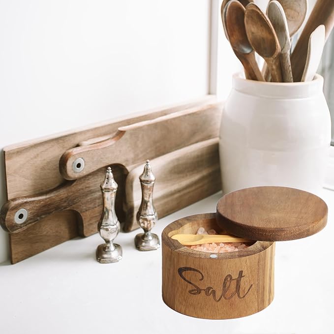Acacia Wood Spice Boxs with Swivel Cover for Kitchen Countertop,Salt Keeper with Built-in Spoon,Modern Farmhouse Kitchen Decoror for Storing Seasonings (Labeled Salt)