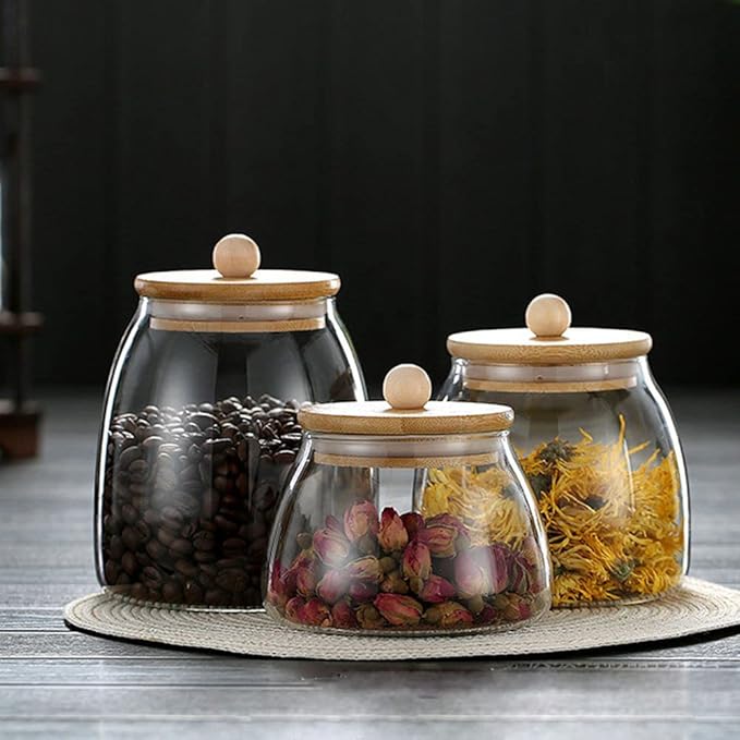 Glass Jar with Airtight Bamboo Lid Coffee Bean Jar Container Storage for Kitchen Storage Candy Bottle (G-L-2set)