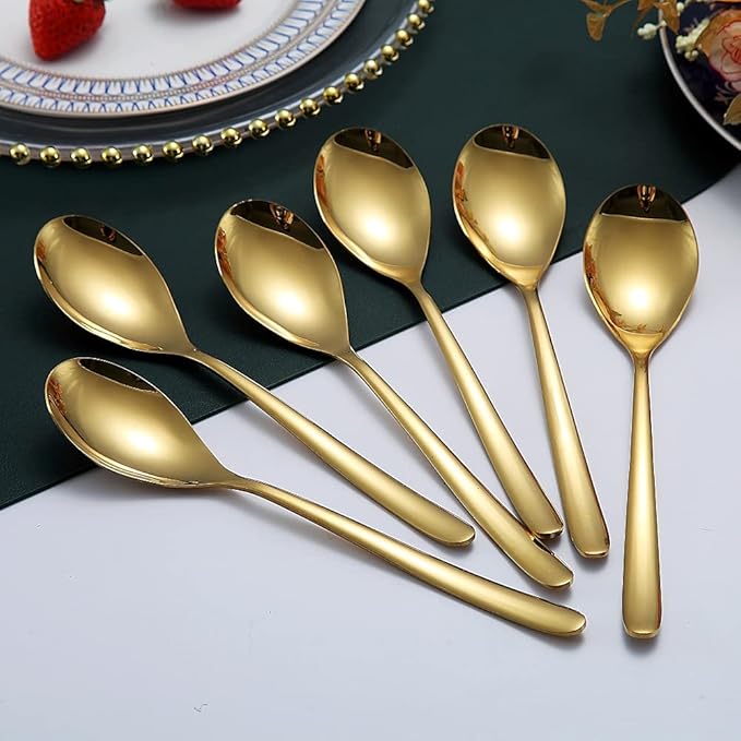 Gold Dinner Spoons 6 Piece, 8.1'' Stainless Steel Tablespoons, Soup Spoons, Dessert Spoons, Spoons Silverware for Home, Kitchen or Restauran,Dishwasher Safe