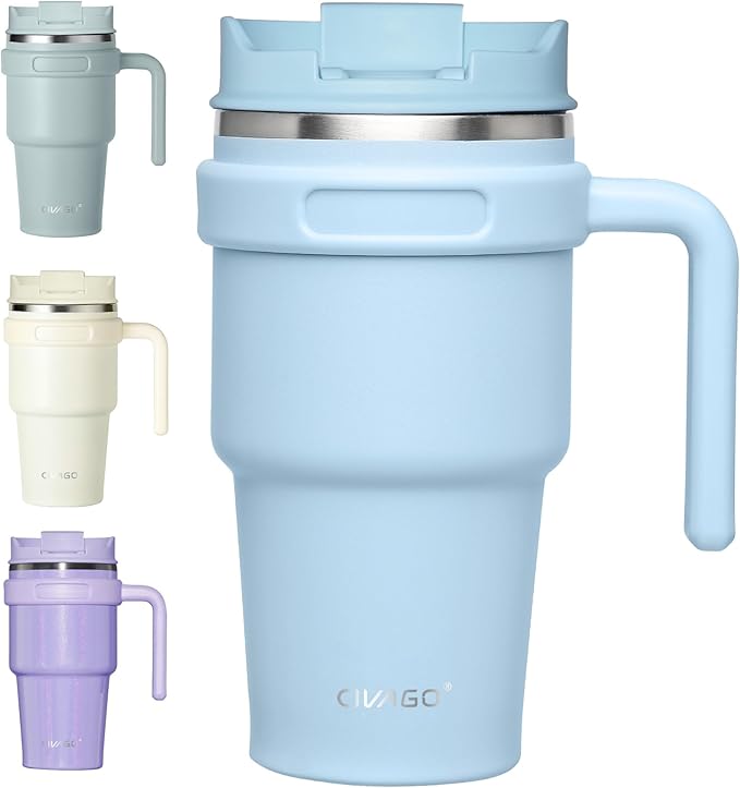 CIVAGO 20 oz Tumbler Mug with Lid and Straw, Insulated Travel Coffee Mug with Handle, Double Wall Stainless Steel Vacuum Coffee Tumbler, Thermal Coffee Cup, Flip lid, Blue