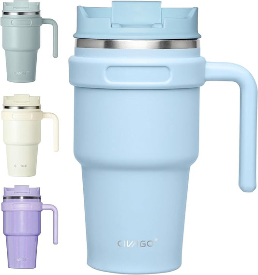 CIVAGO 20 oz Tumbler Mug with Lid and Straw, Insulated Travel Coffee Mug with Handle, Double Wall Stainless Steel Vacuum Coffee Tumbler, Thermal Coffee Cup, Flip lid, Blue