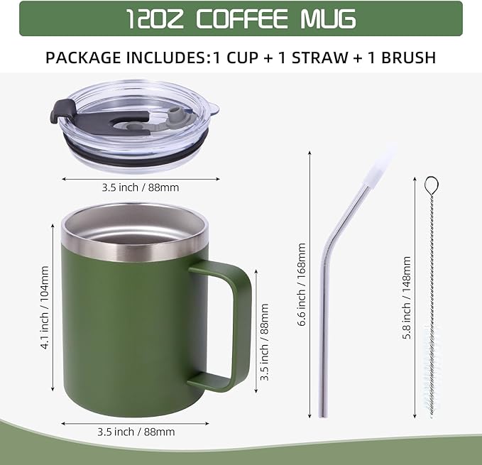 Volhoply 12oz Insulated Leakproof Coffee Mug with Flip & Straw Lid Bulk 4 Pack,Double Wall Vacuum Stainless Steel Travel Tumbler Cup with Handle,Camping Mugs Keep Cold/Hot(Army Green,4 Set)