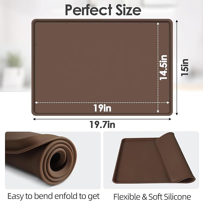 TOHONFOO Silicone Coffee Maker Mat with Lip, 19.7'' x 15'' Heavy Duty Coffee Maker Mat for Countertops, Coffee Tray Fit Under Coffee Machine Appliance Automatic Machines Espresso Accessory, Brown