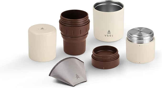 VSSL - Nest Pour Over Coffee Kit | Coffee Maker for Camping | All-In-One Travel Pour Over | Transportable Dripper, Two 10oz Stainless Steel Travel Mugs | Compact Storage & Adventure Ready | Cream