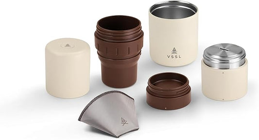 VSSL - Nest Pour Over Coffee Kit | Coffee Maker for Camping | All-In-One Travel Pour Over | Transportable Dripper, Two 10oz Stainless Steel Travel Mugs | Compact Storage & Adventure Ready | Cream