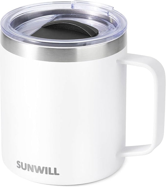 SUNWILL Insulated Coffee Mug with Lid, Travel Tumbler with Handle, 14 oz Stainless Steel Cup for Camping, Office, Home, Powder Coated White